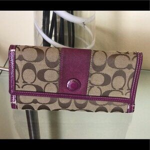 COACH Signature Tan Purple Leather Large Wallet Monogram Organizer Clutch Canvas